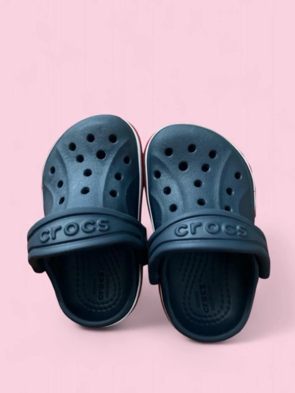 CROCS toddler Navy Clog with Red and White Stripe